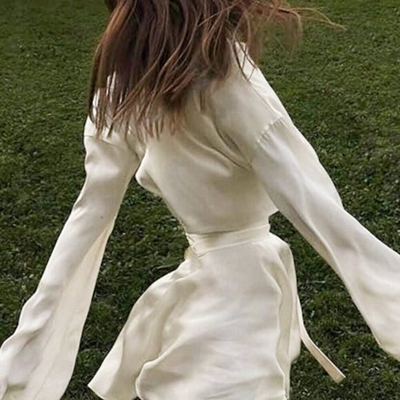 Elegant Women's Long Sleeve Cropped Blouse & Self-Tie Waist Skirt set - Picture 3 of 8